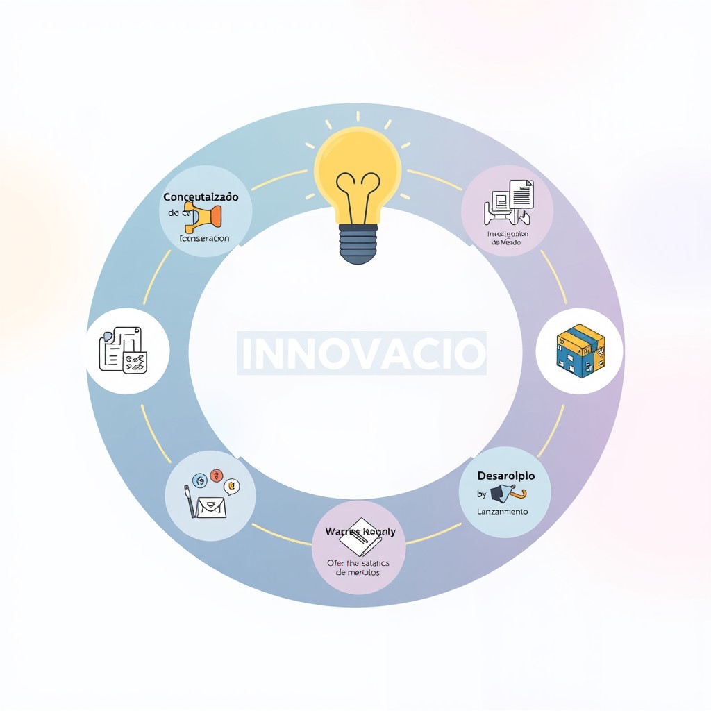 Un diagrama detallado del proceso de convertir una idea en un producto o servicio, incluyendo las etapas de conceptualización, investigación de mercado, diseño, desarrollo, pruebas, y lanzamiento
