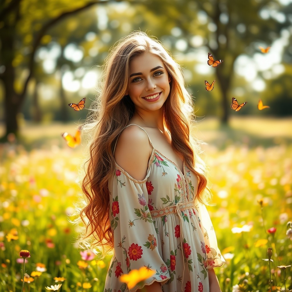 A vibrant and colorful portrait of a young woman with long wavy hair cascading down her shoulders, dressed in a flowing, bohemian-style dress adorned with floral patterns