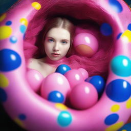 A high-resolution photograph, captured with a Nikon Reflex camera, depicts a young woman styled as a contemporary Matryoshka doll, nestled inside a nest