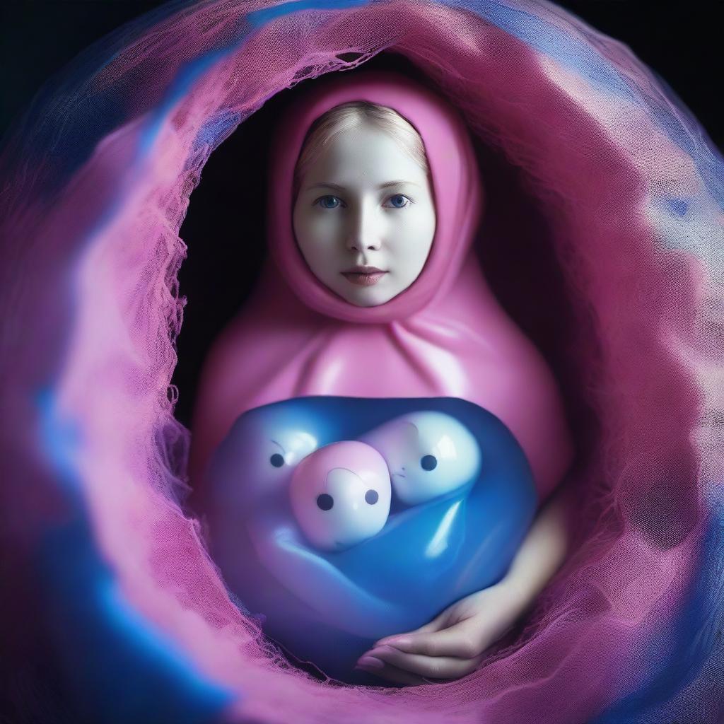 This high-resolution photograph, taken with a Nikon Reflex camera, portrays a young woman styled as a ghostly Matryoshka doll, situated inside a nest