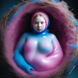 This high-resolution photograph, taken with a Nikon Reflex camera, portrays a young woman styled as a ghostly Matryoshka doll, situated inside a nest