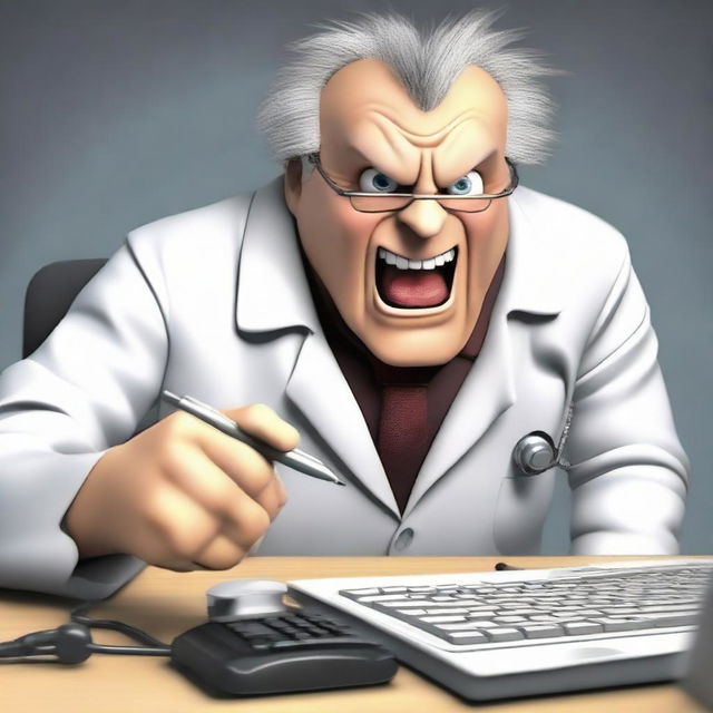 Revise the image of the angry doctor writing a research paper. He is now furiously attacking the keys on his computer, mouth open mid-roar, conveying an intense amount of frustration and ire.