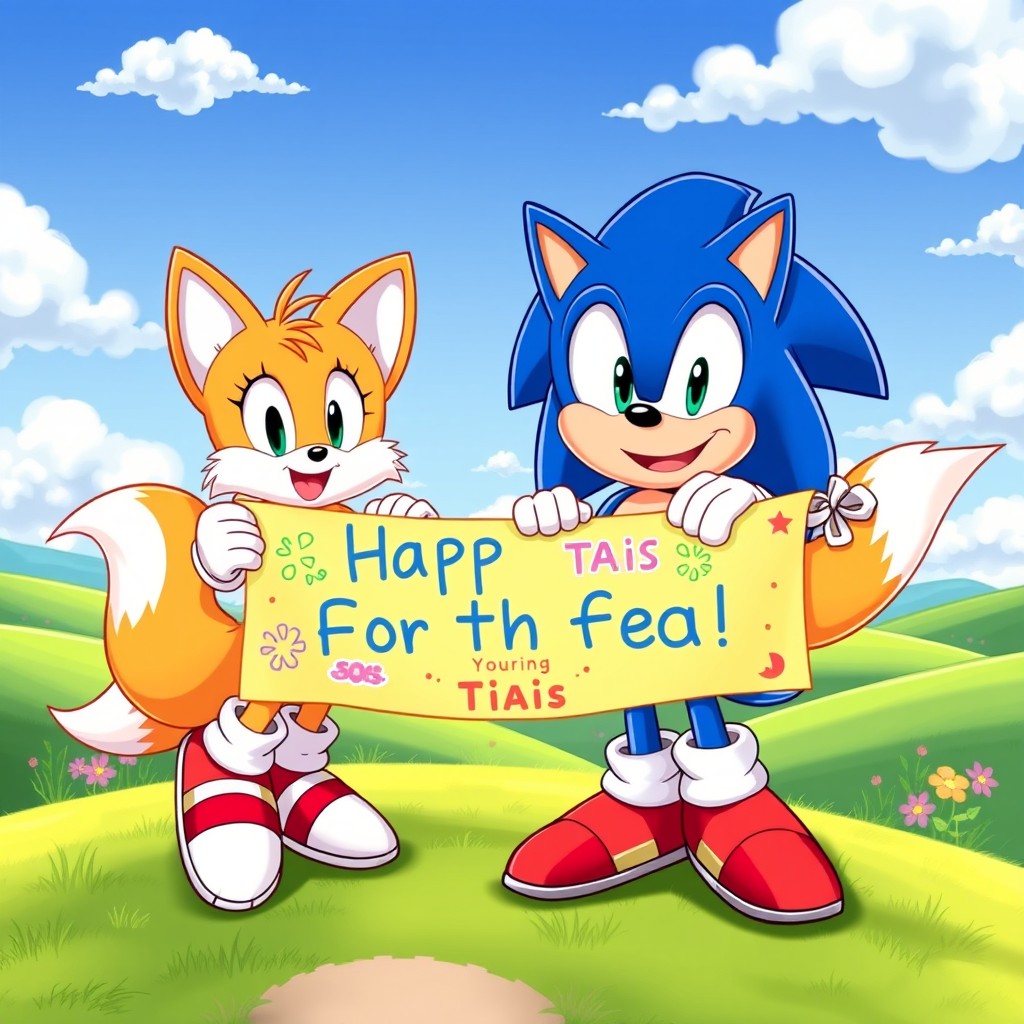 Sonic the Hedgehog in his classic design and Tails the Fox, both smiling excitedly while holding a colorful banner together