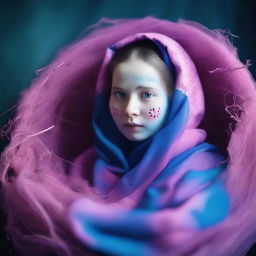 This high-resolution photograph, taken with a Nikon Reflex camera, portrays a young woman styled as a ghostly Matryoshka doll, situated inside a nest