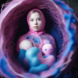 This high-resolution photograph, taken with a Nikon Reflex camera, portrays a young woman styled as a ghostly Matryoshka doll, situated inside a nest