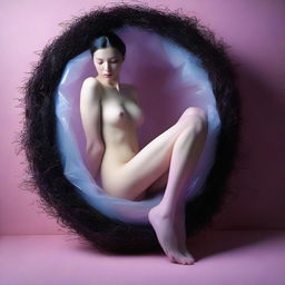 This is a high-resolution photograph, taken with a Nikon Reflex camera, featuring a young woman made of glass, nestled inside a nest