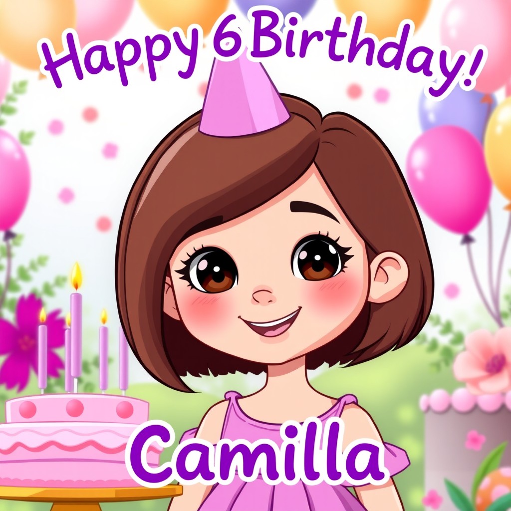 A cartoon-style image celebrating the 6th birthday of a little girl named Camilla