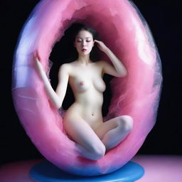 This is a high-resolution photograph, taken with a Nikon Reflex camera, featuring a young woman made of glass, nestled inside a nest