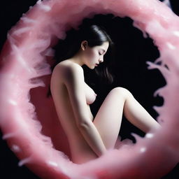 In this high-resolution photograph, taken with a Nikon Reflex camera, a young woman is depicted as a figure made of Murano glass, nestled inside a nest