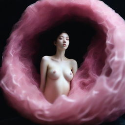 In this high-resolution photograph, taken with a Nikon Reflex camera, a young woman is depicted as a figure made of Murano glass, nestled inside a nest