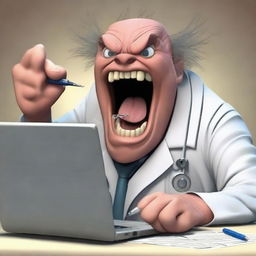 Revise the image of the angry doctor writing a research paper. He is now furiously attacking the keys on his computer, mouth open mid-roar, conveying an intense amount of frustration and ire.