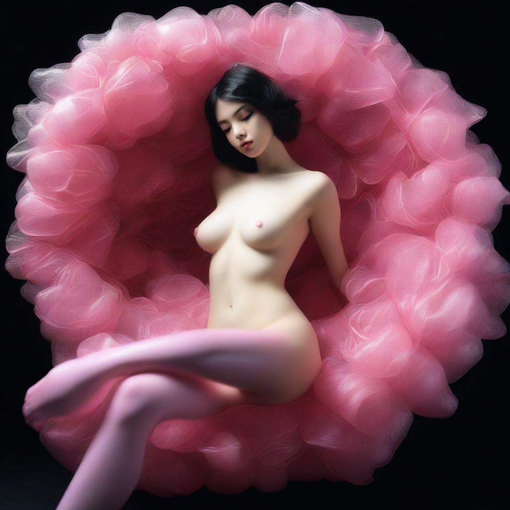 This high-resolution photograph, taken with a Nikon Reflex camera, captures a young woman, depicted as a figure made of Murano glass, nestled inside a nest