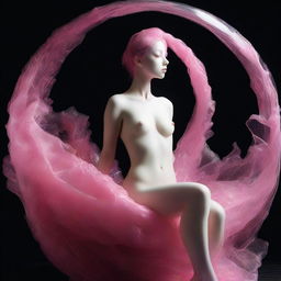 This high-resolution photograph, taken with a Nikon Reflex camera, captures a young woman, depicted as a figure made of Murano glass, nestled inside a nest