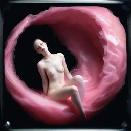 This high-resolution photograph, taken with a Nikon Reflex camera, captures a young woman, depicted as a figure made of Murano glass, nestled inside a nest