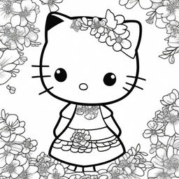 A top-quality, black and white coloring page featuring the beloved character, Hello Kitty