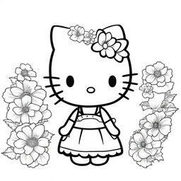 A top-quality, black and white coloring page featuring the beloved character, Hello Kitty