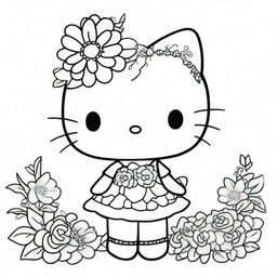 A top-quality, black and white coloring page featuring the beloved character, Hello Kitty