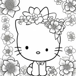 A top-quality, black and white coloring page featuring the beloved character, Hello Kitty