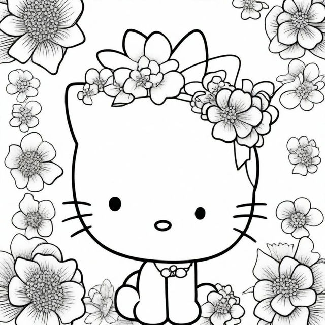 A top-quality, black and white coloring page featuring the beloved character, Hello Kitty