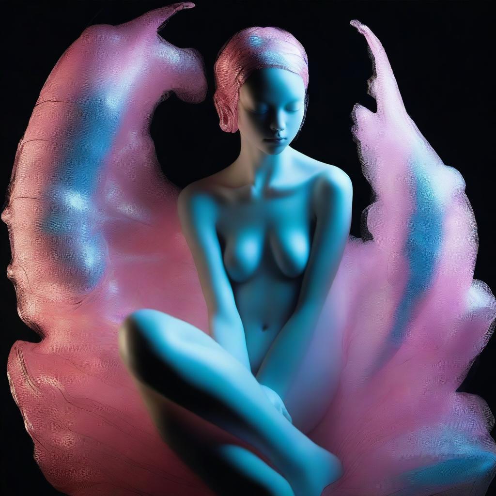 A high-resolution photograph taken with a Nikon Reflex camera captures a young woman, depicted as a Murano glass figure, nestled within a nest