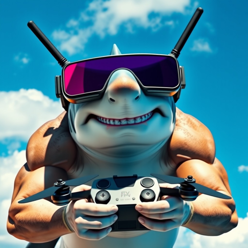 A shark wearing realistic FPV goggles with two antennas on its head, showcasing muscular arms instead of fins