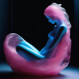 A high-resolution photograph taken with a Nikon Reflex camera captures a young woman, depicted as a Murano glass figure, nestled within a nest