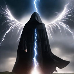 A mysterious man in a black hooded robe, his aura wings illuminated like lightning, standing boldly against a backdrop of a tempestuous thunderstorm.