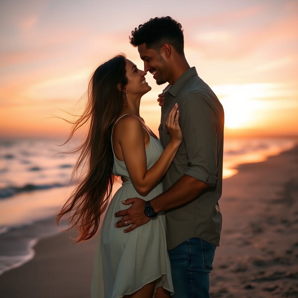 A romantic scene featuring a couple, standing close together under a beautiful sunset