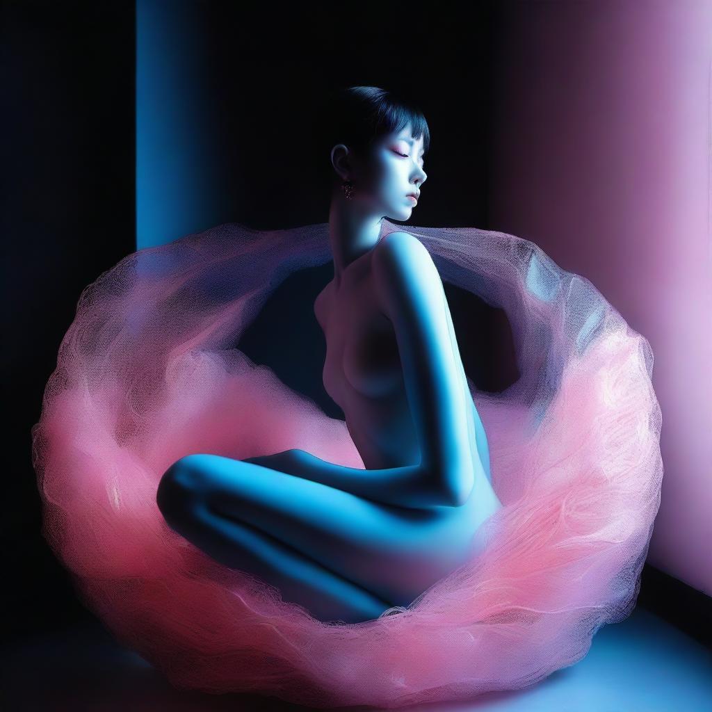 A high-resolution photograph taken with a Nikon Reflex camera captures a young woman, depicted as a Murano glass figure, nestled within a nest