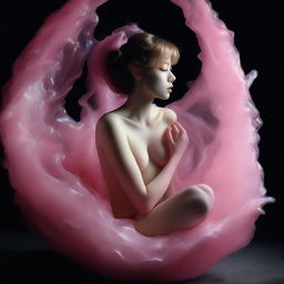 This high-resolution photograph, taken with a Nikon Reflex camera, portrays a young woman as a Murano glass figure, nestled inside a nest