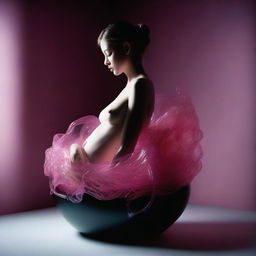 This high-resolution photograph, taken with a Nikon Reflex camera, portrays a young woman as a Murano glass figure, nestled inside a nest