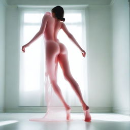 A high-resolution photograph, taken with a Nikon Reflex camera, showcases a young woman, depicted as a figure made of Murano glass, walking upside down in a white room