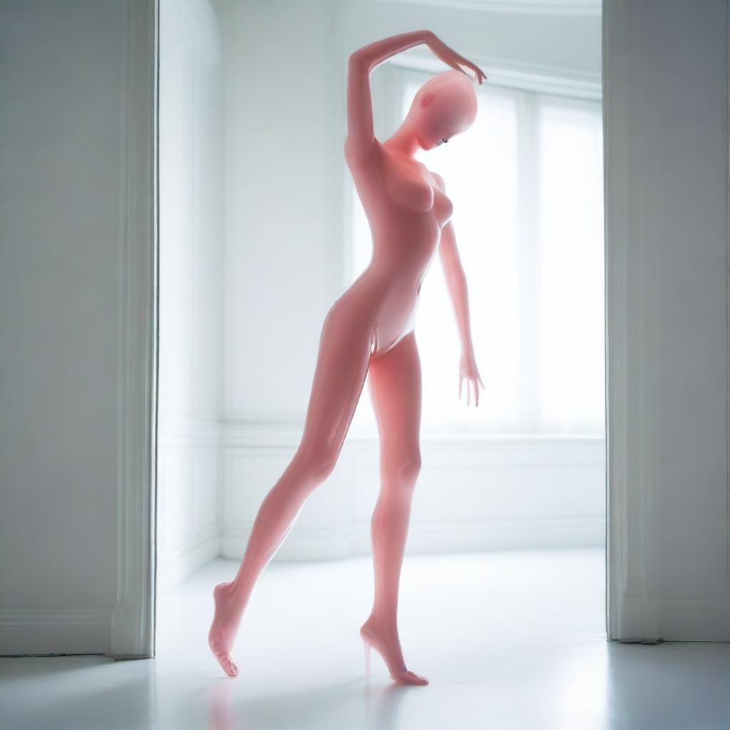 A high-resolution photograph, taken with a Nikon Reflex camera, showcases a young woman, depicted as a figure made of Murano glass, walking upside down in a white room