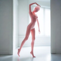 A high-resolution photograph, taken with a Nikon Reflex camera, showcases a young woman, depicted as a figure made of Murano glass, walking upside down in a white room