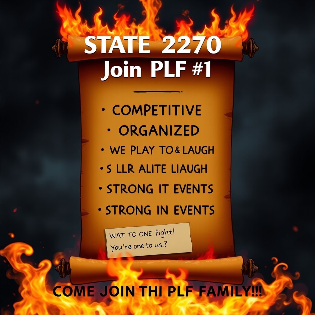 A dramatic, fiery scroll with the text 'STATE 2270 Join PLF #1' prominently displayed at the top, designed to look like it is burning at the edges