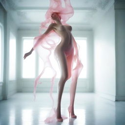 A high-resolution photograph, taken with a Nikon Reflex camera, showcases a young woman, depicted as a figure made of Murano glass, walking upside down in a white room