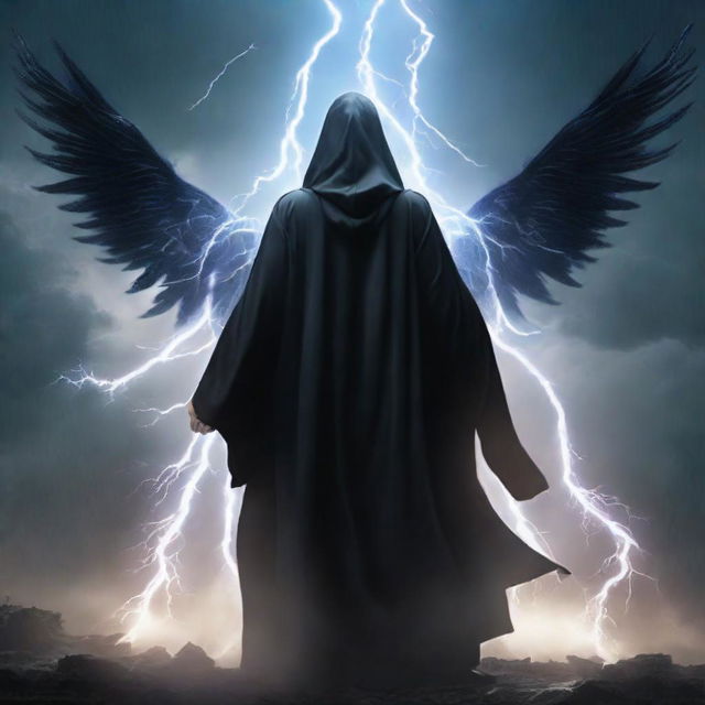 A mysterious man in a black hooded robe, his aura wings illuminated like lightning, standing boldly against a backdrop of a tempestuous thunderstorm.