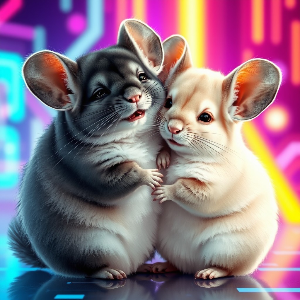 A super realistic depiction of two chinchillas hugging each other, both looking joyful