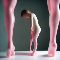 In this high-resolution photograph, captured with a Nikon Reflex camera, a young woman is depicted as a figure made of Murano glass, walking upside down in a white translucent box