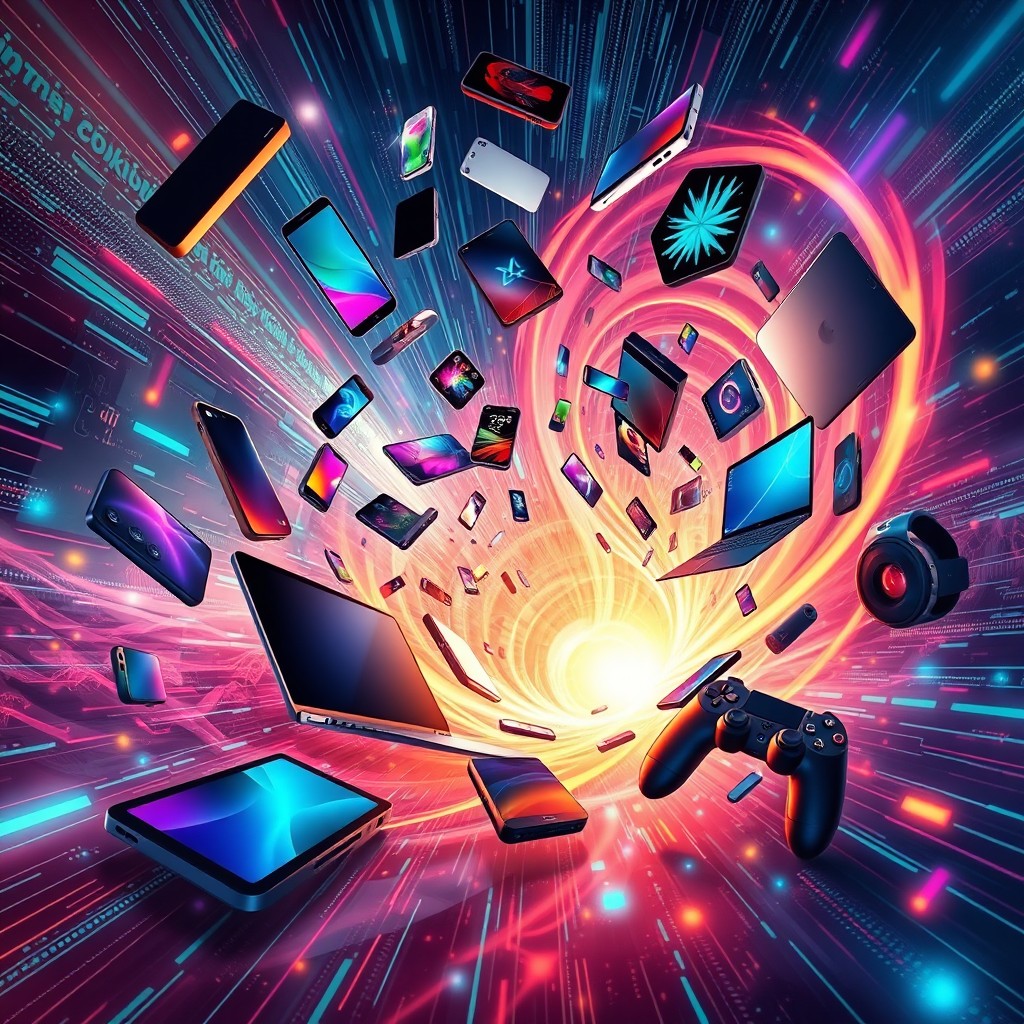 A surreal scene depicting various tech gadgets such as smartphones, laptops, tablets, smartwatches, and gaming consoles swirling into a vortex or hole at the center of the image