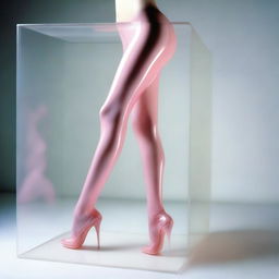 In this high-resolution photograph, captured with a Nikon Reflex camera, a young woman is depicted as a figure made of Murano glass, walking upside down in a white translucent box