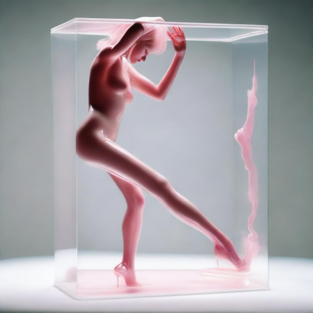 In this high-resolution photograph, captured with a Nikon Reflex camera, a young woman is depicted as a figure made of Murano glass, walking upside down in a white translucent box