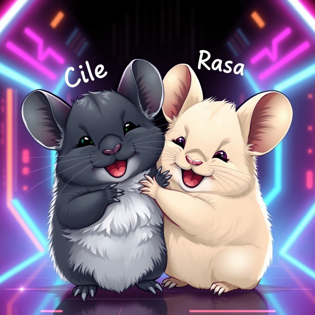 A joyful scene of two chinchillas hugging, radiating happiness