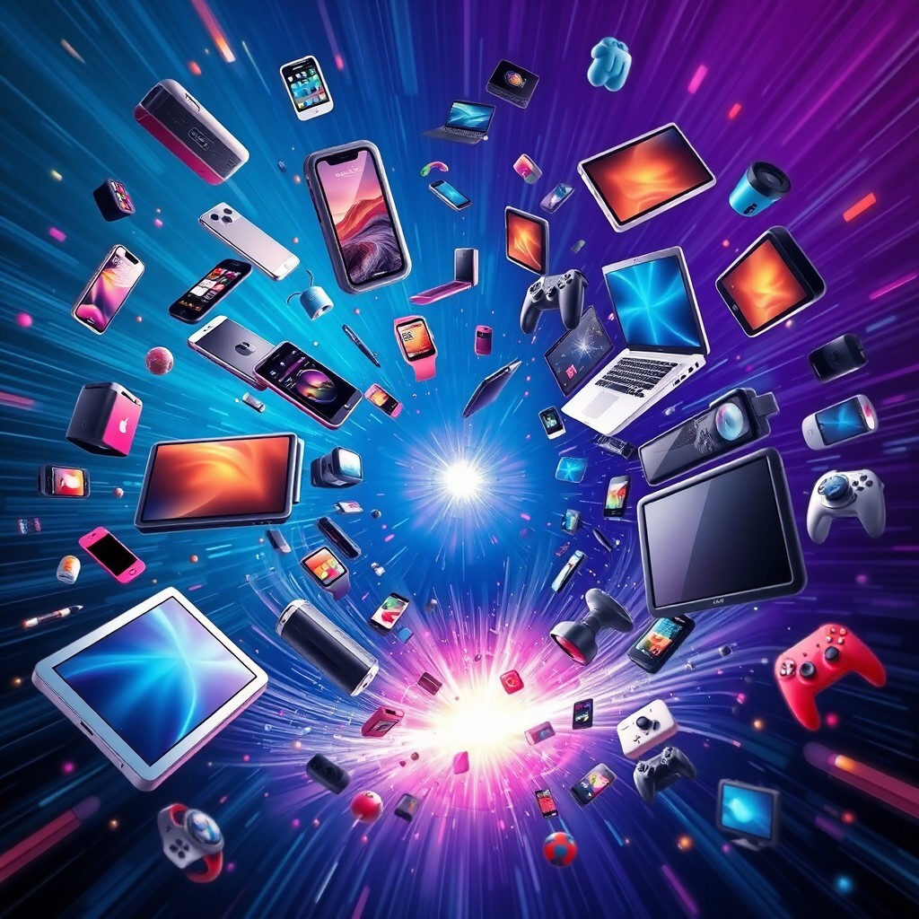 A dazzling and dynamic scene depicting various tech gadgets such as smartphones, laptops, tablets, smartwatches, and gaming consoles swirling energetically into a vortex at the center of the image