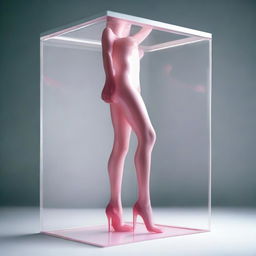 In this high-resolution photograph, captured with a Nikon Reflex camera, a young woman is depicted as a figure made of Murano glass, walking upside down in a white translucent box