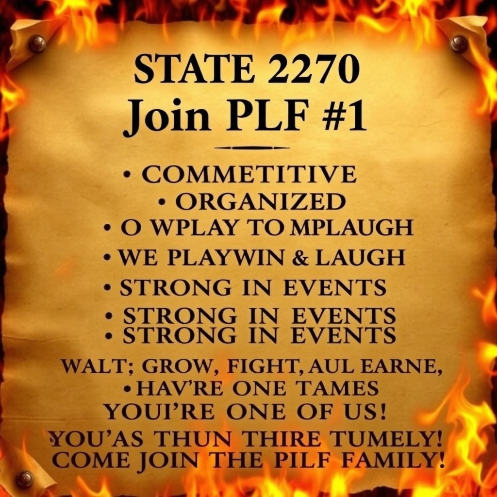 A flaming parchment with the bold heading 'STATE 2270 Join PLF #1' at the top