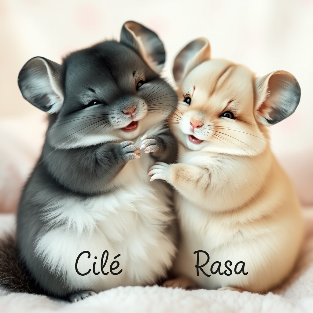A heartwarming scene of two happy chinchillas hugging each other
