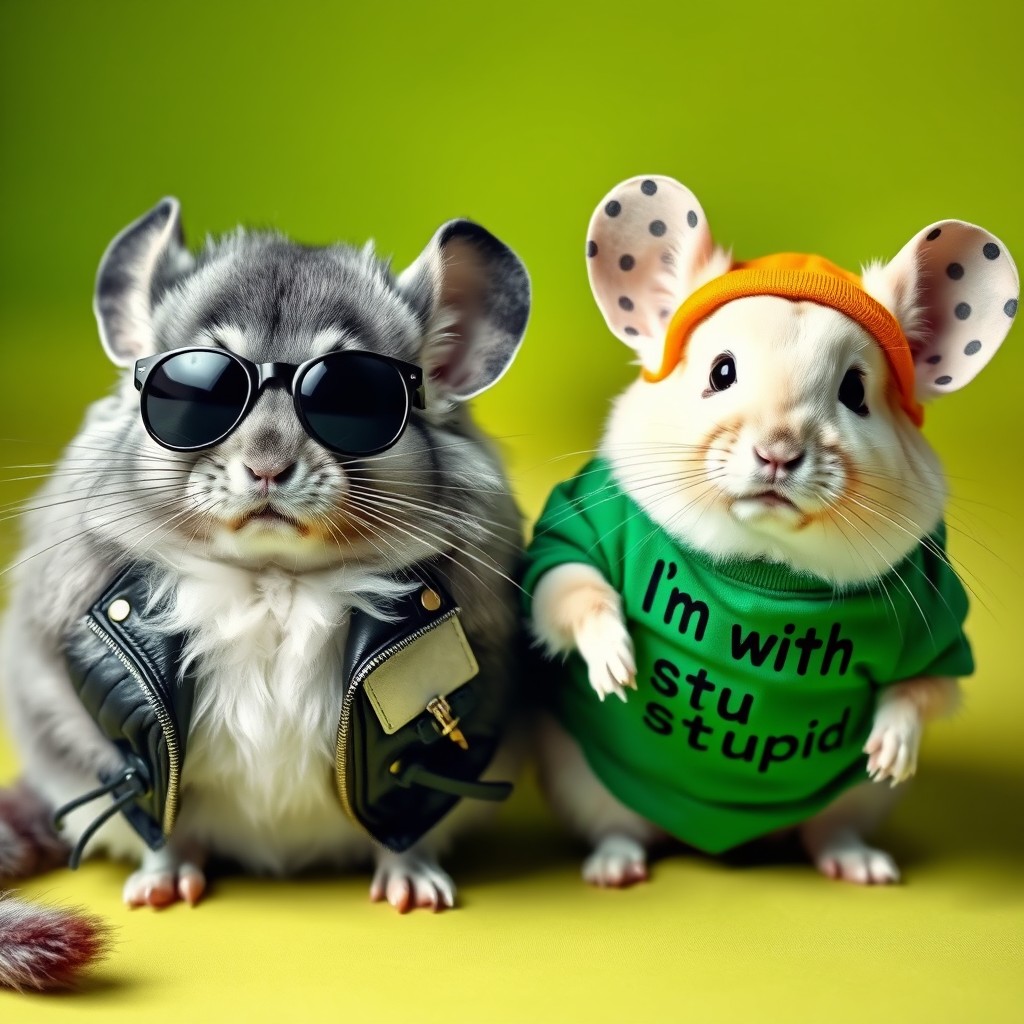 Two chinchillas in a playful scene: one is grey with a white belly, wearing a stylish biker jacket and sunglasses, showcasing a cool attitude; the other is a cream chinchilla adorned with playful dots on its ears, dressed in a green shirt that humorously states 'I'm with stupid' and sporting a funny fan hat