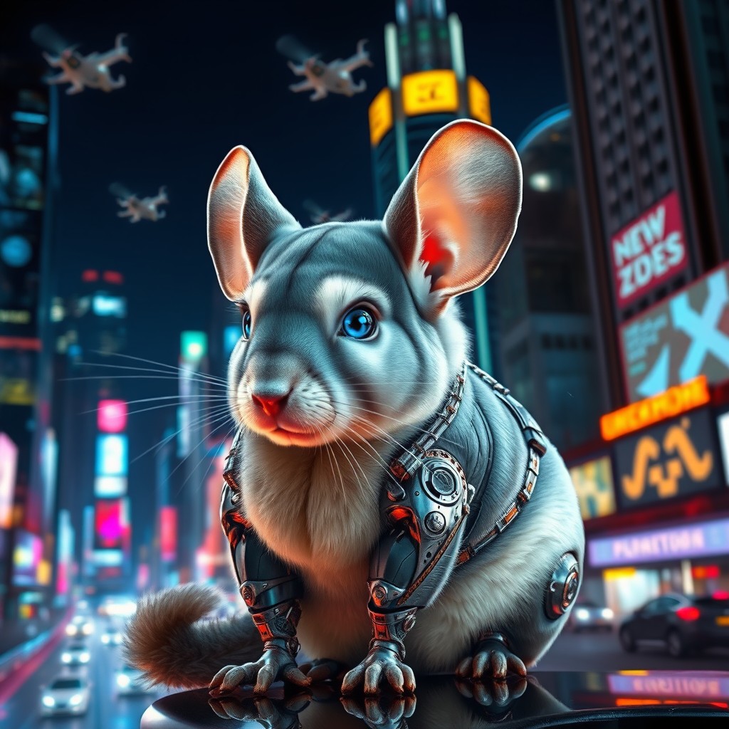 A futuristic cybernetic chinchilla, with sleek grey and cream fur that has a metallic sheen