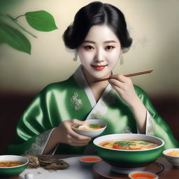 A hyper-realistic digital art of a stunningly beautiful Korean woman, delicately savoring frog soup